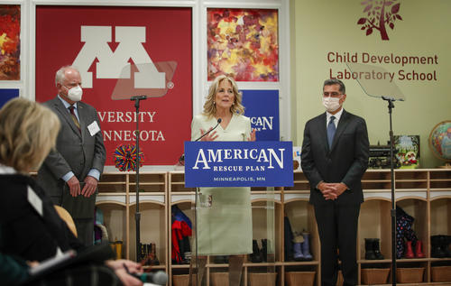 Dr. Jill Biden, the First Lady of the United States, makes opening remarks at a listening session hosted at the U of M's Child Development Laboratory School.