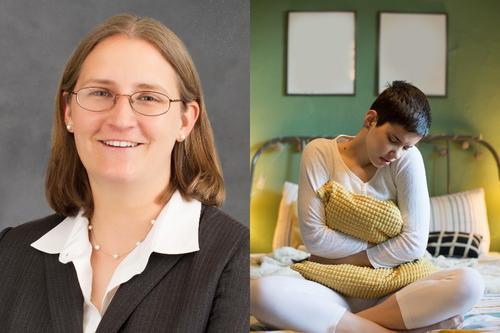 In what is two distinct pictures side by side, U of M Medical School expert Colleen Rivard's headshot appears in the left half of the frame, while a young woman in her pajamas on a bed looks upset as she hugs a pillow on the right side of the frame