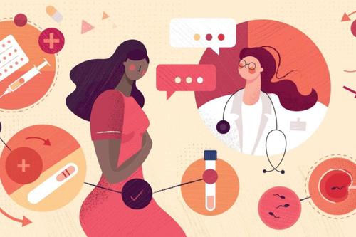 Flat illustration depicting communication between doctor and patient regarding reproductive health.