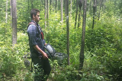 Sam Reed conducting research in a forest. 