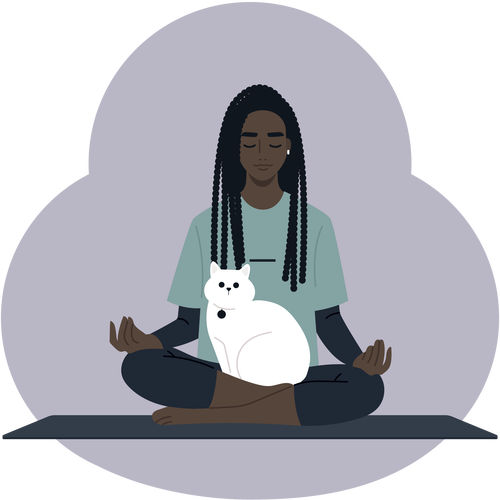 illustration of young Black woman with long braided meditating with fluffy white cat on her lap