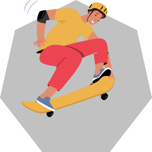 illustration of youth wearing bright yellow and red clothes skaeboarding
