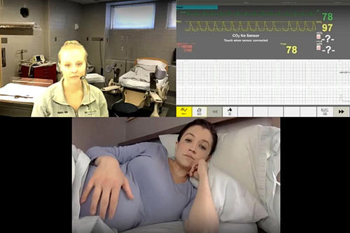 A 3-part screen shows a pregnant patient lying down, a nurse, and a medical chart. 