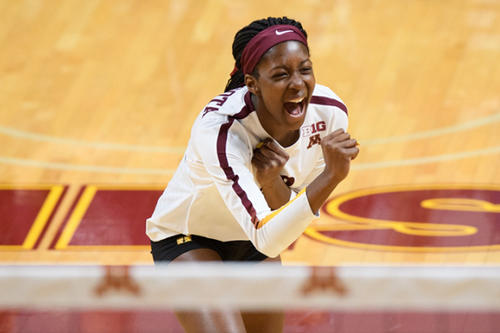 A Gopher volleyball player celebrates after a point.