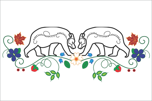 A colorful design shows two bears meeting head to head and flowers. 