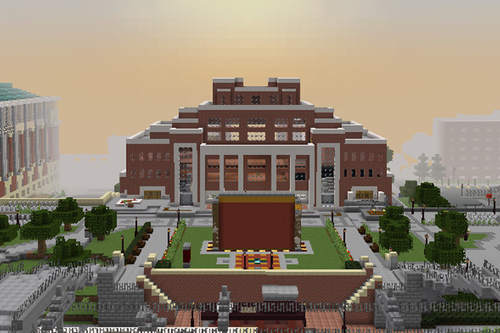 A frame showing Goldycraft&#039;s recreation of Coffman Union in color.