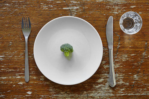 A single piece of broccoli on a plate.