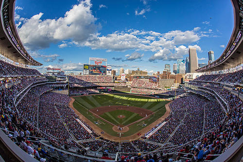 A wide-angle lens shot showing most of Target Field, looking out toward center field.