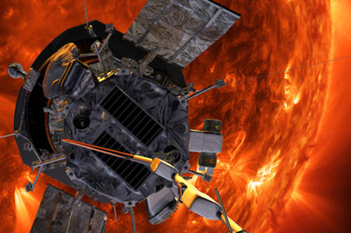 An artist&#039;s conception of the Parker Solar Probe spacecraft approaching a red, very active sun.