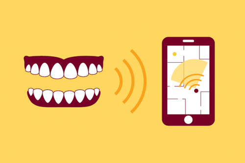 An image of dentures, a wi-fi signal, and a smartphone.