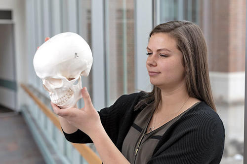 Ashstynn Trauth holds a model skull with a small hole in the cranium, contemplates it a la &quot;Alas, poor Yorick.&quot;