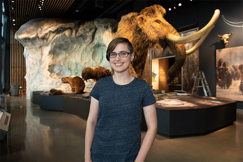 Carmen Martin in front of the new Bell Museum&#039;s mammoth exhibit 