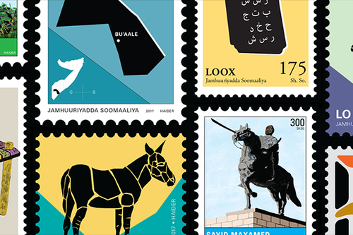 Collage of stamps from Somalia designed by a U of M student. 