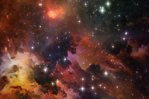Colorful red, yellow, blue, and black panorama of a nebula.