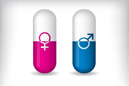 Female and male symbols on red and blue pill bottles, respectively.