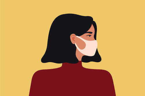 Graphic shows dark-haired woman in mask, in profile, with maroon shirt and gold background.
