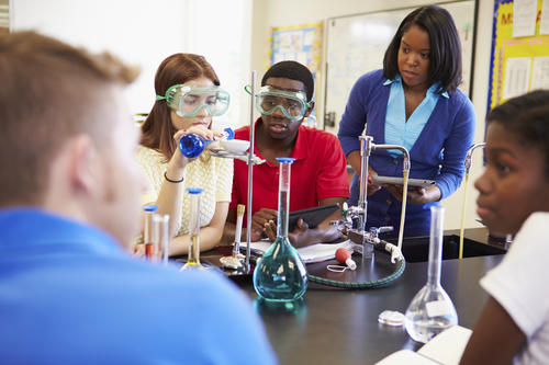 Group of students in science lab. 