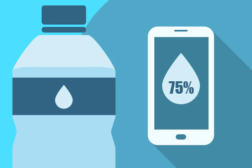 Image of a water bottle next to a smart phone picturing a water droplet.
