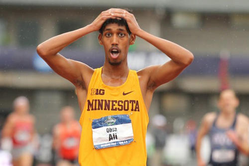 Obsa Ali with a look of disbelief after winning the NCAA steeplechase title