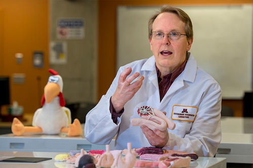 Robert Porter, with lab coat and a plush rooster in the background, talks to the photographer.