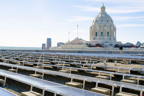 Solar panels on the roof of the Minnesota State Capitol building.