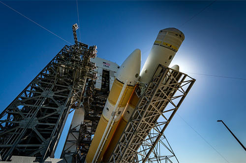 The Delta IV Heavy rocket for Solar Probe Plus is lifted into position at Cape Canaveral.