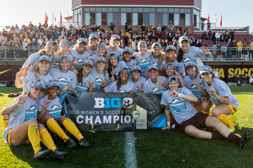 The Gopher women&#039;s soccer team poses after its Big Ten Tournament title.