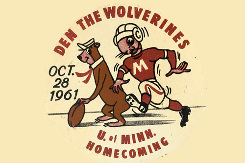 The homecoming button from 1961 that says &quot;Den the Wolverines&quot;