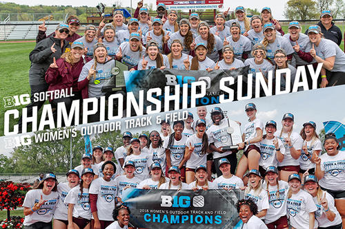 The softball and women&#039;s track and field teams pose after their championships.