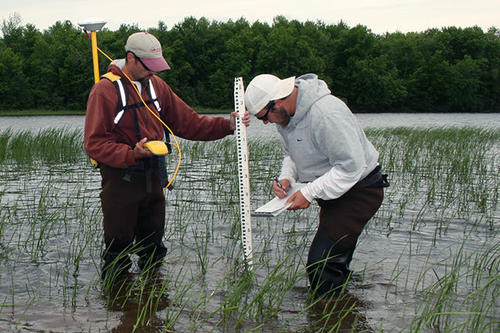 Two researchers measure water levels