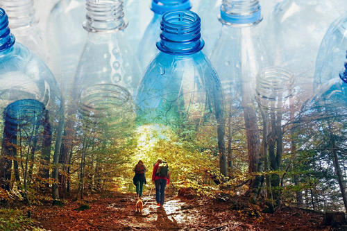 A collection of blue and white plastic bottles, above, fades into a scene of two hikers in sunlit woods.