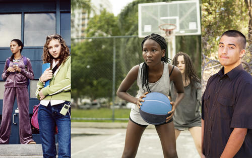 composite of three images of youths listening to music, playing basketball, and being outside
